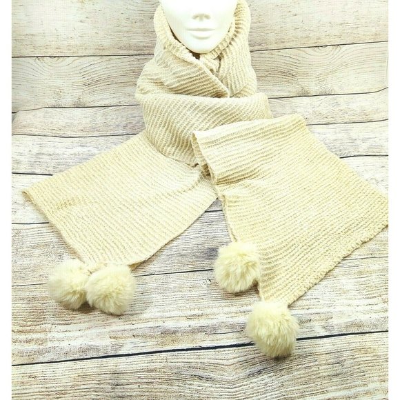 Women Scarf Cream W/Pom Pom Soft Comfy Warm Shawl Wrap Cowl Scarves Gift - Picture 2 of 10